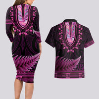 Pink African Dashiki With Aotearoa Maori Couples Matching Long Sleeve Bodycon Dress and Hawaiian Shirt Paua Shell Mix Silver Fern