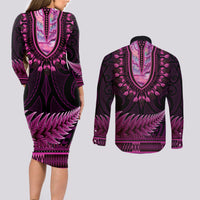 Pink African Dashiki With Aotearoa Maori Couples Matching Long Sleeve Bodycon Dress and Long Sleeve Button Shirt Paua Shell Mix Silver Fern