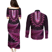 Pink African Dashiki With Aotearoa Maori Couples Matching Puletasi and Long Sleeve Button Shirt Paua Shell Mix Silver Fern LT14 - Polynesian Pride