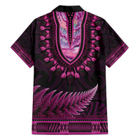 Pink African Dashiki With Aotearoa Maori Family Matching Off Shoulder Short Dress and Hawaiian Shirt Paua Shell Mix Silver Fern