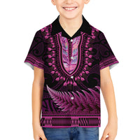 Pink African Dashiki With Aotearoa Maori Family Matching Puletasi and Hawaiian Shirt Paua Shell Mix Silver Fern LT14 Son's Shirt Pink - Polynesian Pride