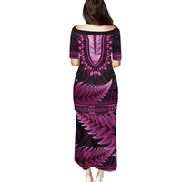 Pink African Dashiki With Aotearoa Maori Puletasi Paua Shell Mix Silver Fern LT14 - Polynesian Pride