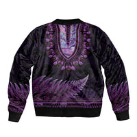 Purple African Dashiki With Aotearoa Maori Sleeve Zip Bomber Jacket Paua Shell Mix Silver Fern LT14 - Polynesian Pride