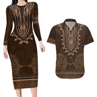 Brown African Dashiki With Tonga Ngatu Pattern Couples Matching Long Sleeve Bodycon Dress and Hawaiian Shirt LT14 Brown - Polynesian Pride