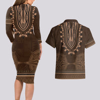 Brown African Dashiki With Tonga Ngatu Pattern Couples Matching Long Sleeve Bodycon Dress and Hawaiian Shirt LT14 - Polynesian Pride