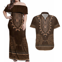 Brown African Dashiki With Tonga Ngatu Pattern Couples Matching Off Shoulder Maxi Dress and Hawaiian Shirt LT14 Brown - Polynesian Pride