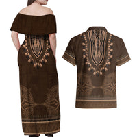 Brown African Dashiki With Tonga Ngatu Pattern Couples Matching Off Shoulder Maxi Dress and Hawaiian Shirt LT14 - Polynesian Pride