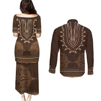 Brown African Dashiki With Tonga Ngatu Pattern Couples Matching Puletasi and Long Sleeve Button Shirt LT14 - Polynesian Pride