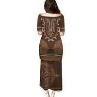 Brown African Dashiki With Tonga Ngatu Pattern Family Matching Puletasi and Hawaiian Shirt LT14 - Polynesian Pride