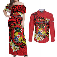 Personalised Tonga Emancipation Day Couples Matching Off Shoulder Maxi Dress and Long Sleeve Button Shirt Tongan Ngatu Pattern - Red Version LT14 Red - Polynesian Pride