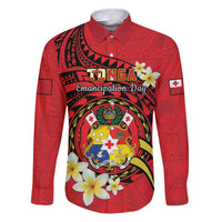 Personalised Tonga Emancipation Day Family Matching Puletasi and Hawaiian Shirt Tongan Ngatu Pattern - Red Version LT14 Dad's Shirt - Long Sleeve Red - Polynesian Pride