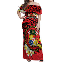 Personalised Tonga Emancipation Day Off Shoulder Maxi Dress Tongan Ngatu Pattern - Red Version LT14 Women Red - Polynesian Pride