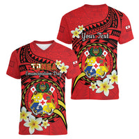 Personalised Tonga Emancipation Day Women V-Neck T-Shirt Tongan Ngatu Pattern - Red Version