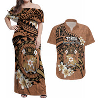 Personalised Tonga Emancipation Day Couples Matching Off Shoulder Maxi Dress and Hawaiian Shirt Tongan Ngatu Pattern - Brown Version LT14 Brown - Polynesian Pride