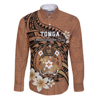 Personalised Tonga Emancipation Day Family Matching Off Shoulder Maxi Dress and Hawaiian Shirt Tongan Ngatu Pattern - Brown Version LT14 Dad's Shirt - Long Sleeve Brown - Polynesian Pride