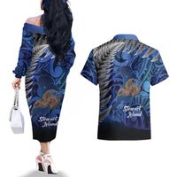 New Zealand Stewart Island Couples Matching Off The Shoulder Long Sleeve Dress and Hawaiian Shirt Rakiura Kiwi Maori Glowing Sky