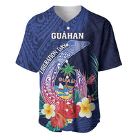 Personalised Guam Liberation Day Baseball Jersey Happy 80th Anniversary Fish Hook Mix Tropical Flowers LT14 Blue - Polynesian Pride