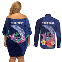 Personalised Guam Liberation Day Couples Matching Off Shoulder Short Dress and Long Sleeve Button Shirt Happy 80th Anniversary Fish Hook Mix Tropical Flowers