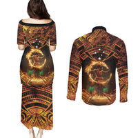 Samoa Teuila 2024 Festival Couples Matching Puletasi and Long Sleeve Button Shirt Samoan Siva Afi With Red Gingers