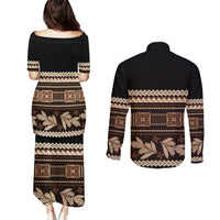 Black Samoa Siapo Teuila Flowers Couples Matching Puletasi and Long Sleeve Button Shirt LT14 - Polynesian Pride