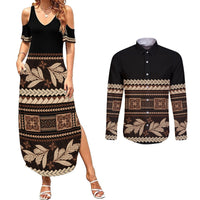 Black Samoa Siapo Teuila Flowers Couples Matching Summer Maxi Dress and Long Sleeve Button Shirt LT14 Black - Polynesian Pride