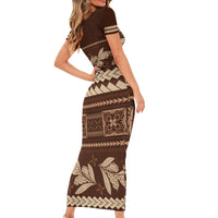 Brown Samoa Siapo Teuila Flowers Short Sleeve Bodycon Dress LT14 - Polynesian Pride