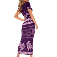 Purple Samoa Siapo Teuila Flowers Short Sleeve Bodycon Dress LT14 - Polynesian Pride