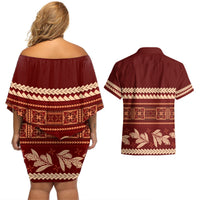 Red Samoa Siapo Teuila Flowers Couples Matching Off Shoulder Short Dress and Hawaiian Shirt LT14 - Polynesian Pride