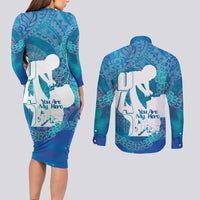Turquoise Polynesia Father's Day Couples Matching Long Sleeve Bodycon Dress and Long Sleeve Button Shirt Dad You Are My Hero