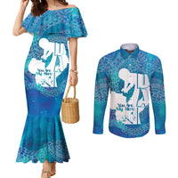 Turquoise Polynesia Father's Day Couples Matching Mermaid Dress and Long Sleeve Button Shirt Dad You Are My Hero