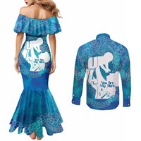 Turquoise Polynesia Father's Day Couples Matching Mermaid Dress and Long Sleeve Button Shirt Dad You Are My Hero