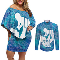 Turquoise Polynesia Father's Day Couples Matching Off Shoulder Short Dress and Long Sleeve Button Shirt Dad You Are My Hero