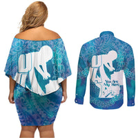 Turquoise Polynesia Father's Day Couples Matching Off Shoulder Short Dress and Long Sleeve Button Shirt Dad You Are My Hero
