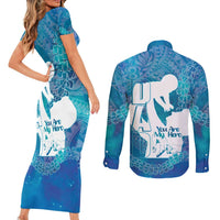 Turquoise Polynesia Father's Day Couples Matching Short Sleeve Bodycon Dress and Long Sleeve Button Shirt Dad You Are My Hero