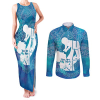 Turquoise Polynesia Father's Day Couples Matching Tank Maxi Dress and Long Sleeve Button Shirt Dad You Are My Hero
