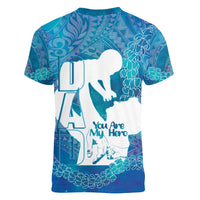 Turquoise Polynesia Father's Day Women V-Neck T-Shirt Dad You Are My Hero