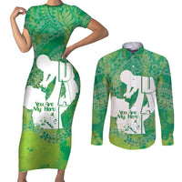 Green Polynesia Father's Day Couples Matching Short Sleeve Bodycon Dress and Long Sleeve Button Shirt Dad You Are My Hero