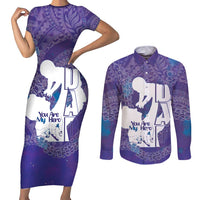 Purple Polynesia Father's Day Couples Matching Short Sleeve Bodycon Dress and Long Sleeve Button Shirt Dad You Are My Hero