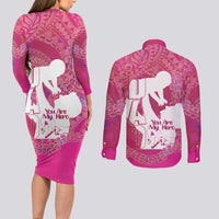 Pink Polynesia Father's Day Couples Matching Long Sleeve Bodycon Dress and Long Sleeve Button Shirt Dad You Are My Hero