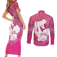 Pink Polynesia Father's Day Couples Matching Short Sleeve Bodycon Dress and Long Sleeve Button Shirt Dad You Are My Hero