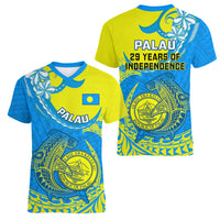 Palau Independence Day Women V Neck T Shirt Happy 29th Anniversary Polynesian Hammerhead Shark LT14 - Polynesian Pride