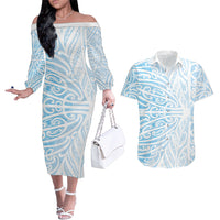 Blue New Zealand Puhoro Maori Tattoo Couples Matching Off The Shoulder Long Sleeve Dress and Hawaiian Shirt