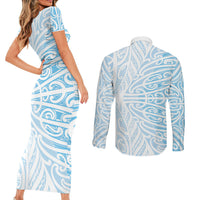 Blue New Zealand Puhoro Maori Tattoo Couples Matching Short Sleeve Bodycon Dress and Long Sleeve Button Shirt