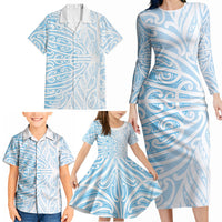 Blue New Zealand Puhoro Maori Tattoo Family Matching Long Sleeve Bodycon Dress and Hawaiian Shirt LT14 - Polynesian Pride