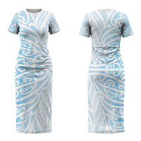 Blue New Zealand Puhoro Maori Tattoo Family Matching Short Sleeve Bodycon Dress and Hawaiian Shirt LT14 Mom's Dress Blue - Polynesian Pride