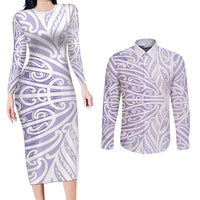 Purple New Zealand Puhoro Maori Tattoo Couples Matching Long Sleeve Bodycon Dress and Long Sleeve Button Shirt