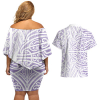 Purple New Zealand Puhoro Maori Tattoo Couples Matching Off Shoulder Short Dress and Hawaiian Shirt