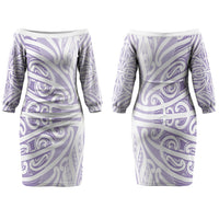 Purple New Zealand Puhoro Maori Tattoo Couples Matching Off The Shoulder Long Sleeve Dress and Hawaiian Shirt LT14 - Polynesian Pride