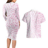 Pink New Zealand Puhoro Maori Tattoo Couples Matching Long Sleeve Bodycon Dress and Hawaiian Shirt