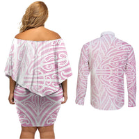 Pink New Zealand Puhoro Maori Tattoo Couples Matching Off Shoulder Short Dress and Long Sleeve Button Shirt